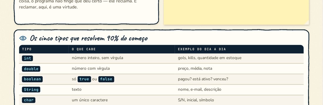 Recorte real da Aula 2: Os cinco tipos que resolvem 90% do começo — int, double, boolean, String, char